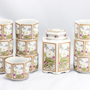 Vintage Toyo Ming Lotus Japanese Tea Set – 10 Hexagon Cups + Matching Canister